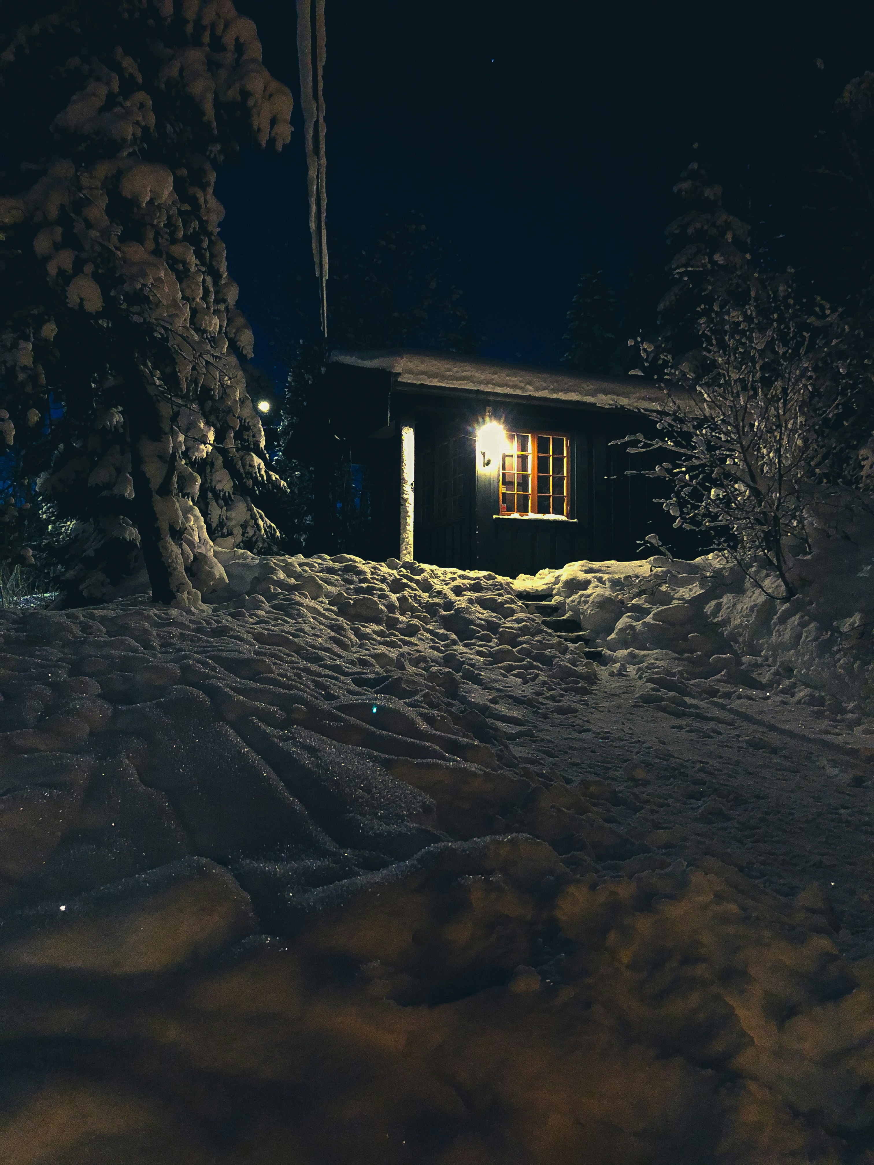 brown wooden house covered with snow during night time